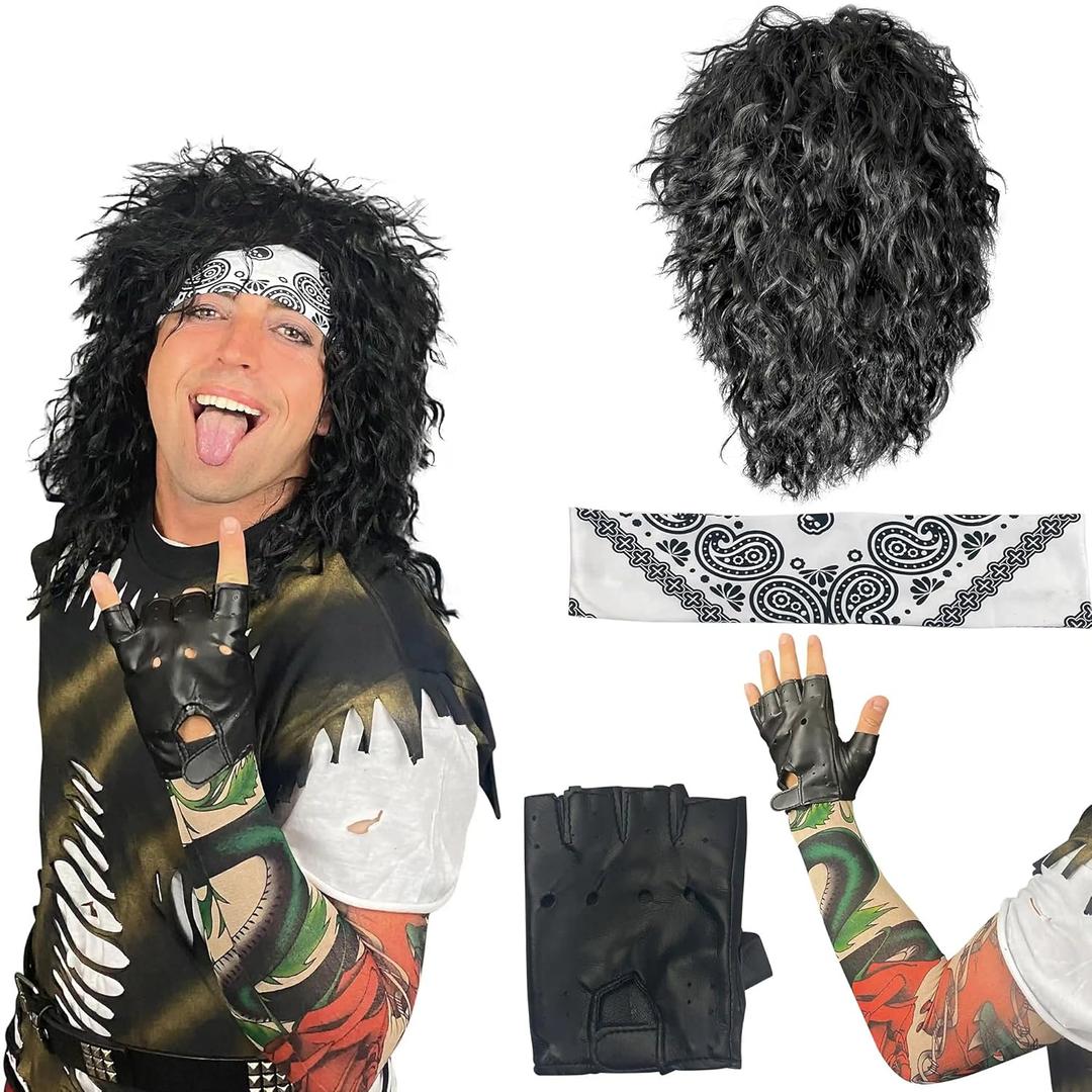 Watt's Wigs 80s Rock Star Costume Men  Black Wig with Headband, Tattoo Sleeve & Glove  80's Rocker Outfit for Men, Rockstar Wig, 1980s Costumes for Adults, Halloween Cosplay