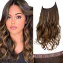 SARLA Invisible Wire Hair Extensions with 3 Clips Short Synthetic Wavy Curly Hairpiece Adjustable Transparent Headband for Women 14 Inch Dark Brown/Golden Blonde Highlights