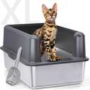 Enclosed Stainless Steel Cat Litter Box with Lid, XL Extra Large Litter Box for Big Cats, Metal Litter Pan High Sided, Never Absorbs Odors, Anti-Urine Leakage, Easy Cleaning, Include Scoop