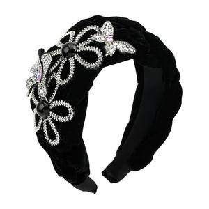 Florate Big Wide Crystal Flower Headband for Women Pearl Rhinestone Butterfly Leaf Padded Velvet Elegant Floral Hairband (H1101-black)