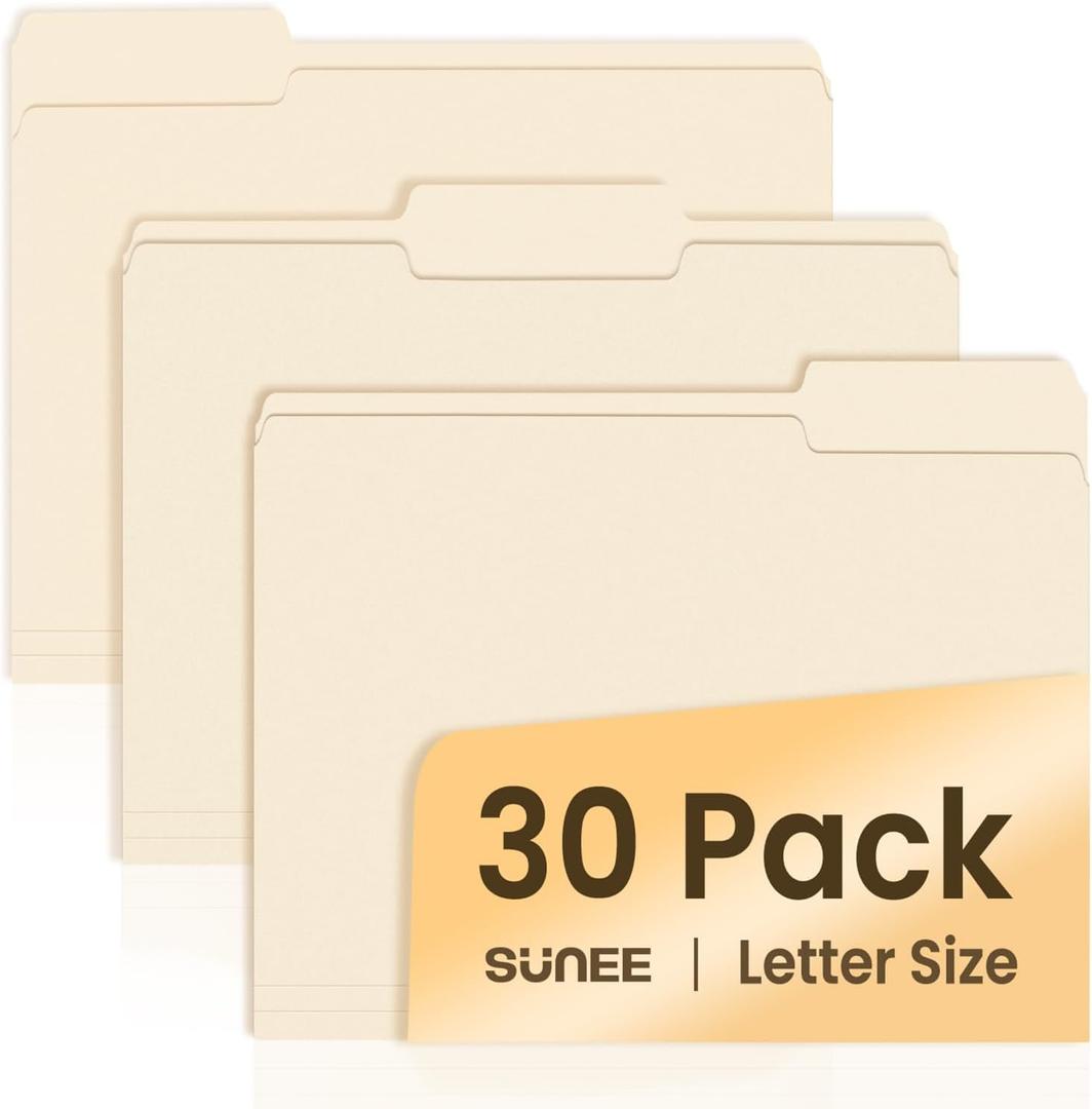 SUNEE File Folders, 30 Pack Manilla Folders 8.5 x 11, 1/3 Cut Tab for Easy Labeling and Organization, Durable Standard Paper for Home, Office, School Filing (Manila)