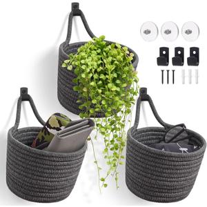 Fabric Wall Hanging Baskets - 3Pack Woven Pouchs Boho Style Wall Mounted Bag with Adhesive Hooks, Storage Organizers and Decoration Pocket Caddy Bins on Door Rack (Dark Gray & Black, Large)