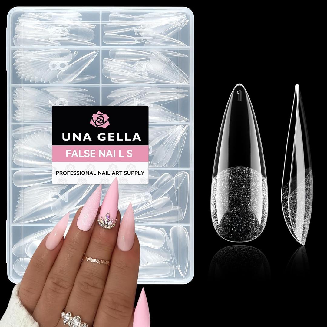 UNA GELLA Long Stiletto Gel Nail Tips: 216pcs Halloween Stiletto Almond Fake Nails Pre-shape Long Almond Press Ons for Full Cover Acrylic French False Nails For Nail Extension DIY Salon 12 Sizes