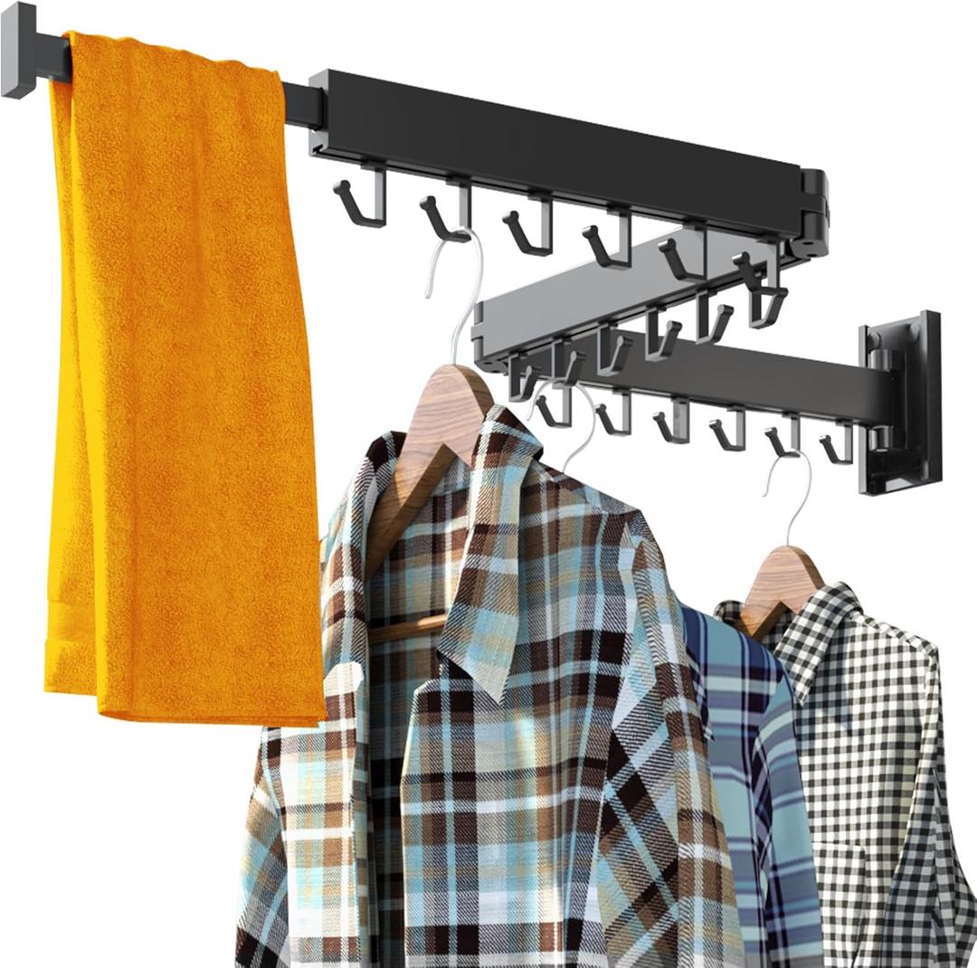 HEILAIYI Clothes Drying Rack for Laundry, Wall Mounted Clothes Hanger Rack, Folding, Retractable, Collapsible (J-Shape Hooks)