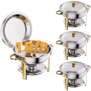 Gold 4 Pack Chafing Dishes for Buffet, 18/8 (304) Stainless Steel Food Pan with Lid, 6QT Round Chafing Dish Buffet Set Food Warmer, Food Warmers for Parties Buffet Catering Events Dinners