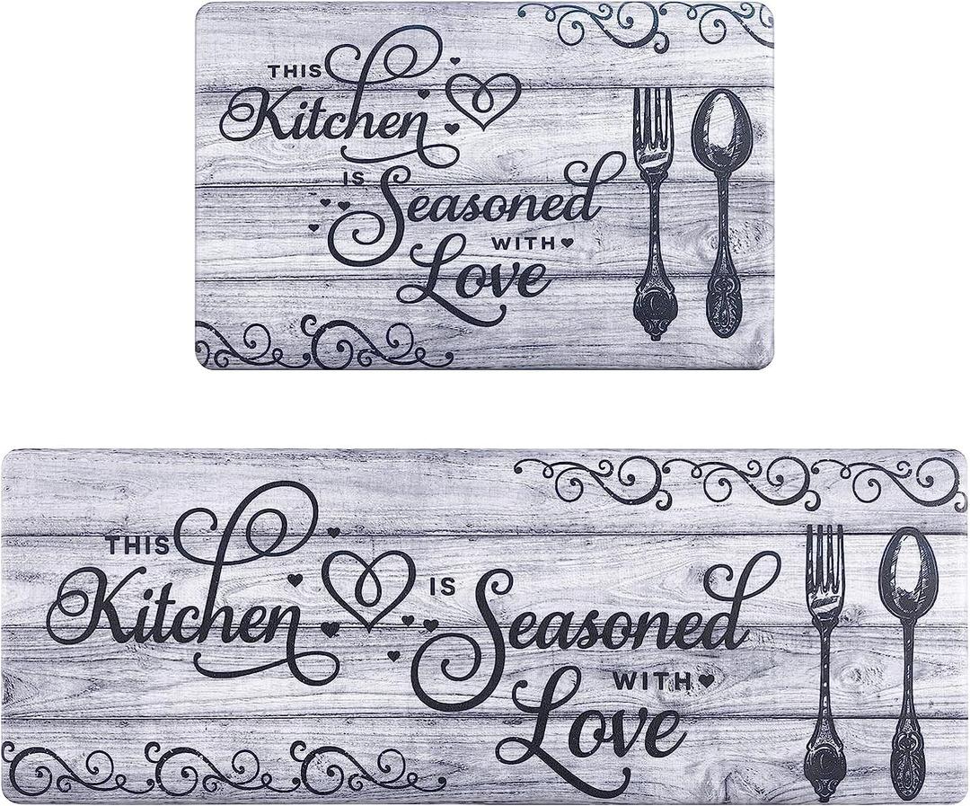 Carvapet 2-Piece Anti Fatigue Kitchen Rug Set, Cushioned PVC Waterproof Comfort Standing Mats, Non Slip Farmhouse Printed Kitchen Floor Mat and Runner (Kitchen, 17"x27"+17"x47")