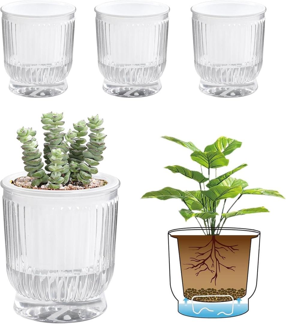 T4U 4 Inch Self Watering Plant Pot, 4 Pack Self Watering Pots, Self Watering Planter with Reservoir, Clear Self Watering Pots for Indoor Plants, African Violets, Flowers (4 Pack, 4", Clear)