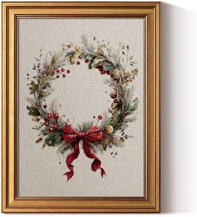 ARPEOTCY Gold Framed Canvas Wall Art, 12x16 Inch Vintage Christmas Wreath Print, Holiday Wall Decor with Red Bow and Greenery for Living Room, Entryway, or Festive Home Decoration