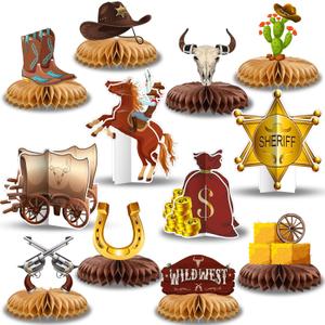 12 Pcs Western Cowboy Party Decorations Honeycomb Centerpieces - Double-Sided 3D Table Toppers for Wild West Theme, My First Rodeo Birthday, Nashville Bachelorette & Baby Shower Supplies