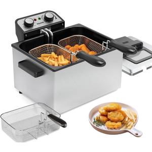 1800W 5 Liters/21 Cups Large Electric Deep Fryer with 3 Frying Baskets for Home Use, Adjustable Temperature,View Window Lid,Countertop Stainless Steel Body Deep Fryer Pot,Perfect for Kitchen, Fry Fish (5 Liters/21 Cups Oil Capacity, SILVER)