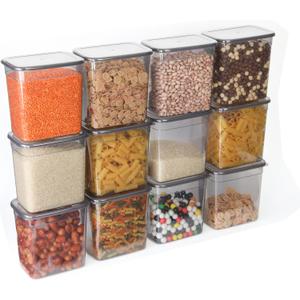 T&D HOME GOODS Storage Jars with Lid, Airtight, Set of 12 Storage Containers, BPA-Free, Storage Container for Cereal, Flour, Kitchen, Practical Organiser Kitchen, (12, Rectangular)