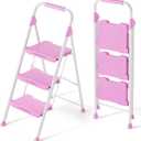 KINGRACK 3 Step Ladder, Sturdy Step Stool with Handrail, Anti-Slip Wide Pedals, 900lbs Foldable Step Stool for Home, Garage, Garden, Household, Large Loading Capacity, Pink