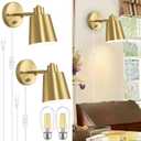 Lomoky Dimmable Wall Sconces Plug in, Adjustable Angle Wall Lamps with Plug in Cord and Dimmer On/Off Knob Switch, Gold Wall Light with Metal Shade for Bedroom Bedside Doorway (2 Bulbs Included)
