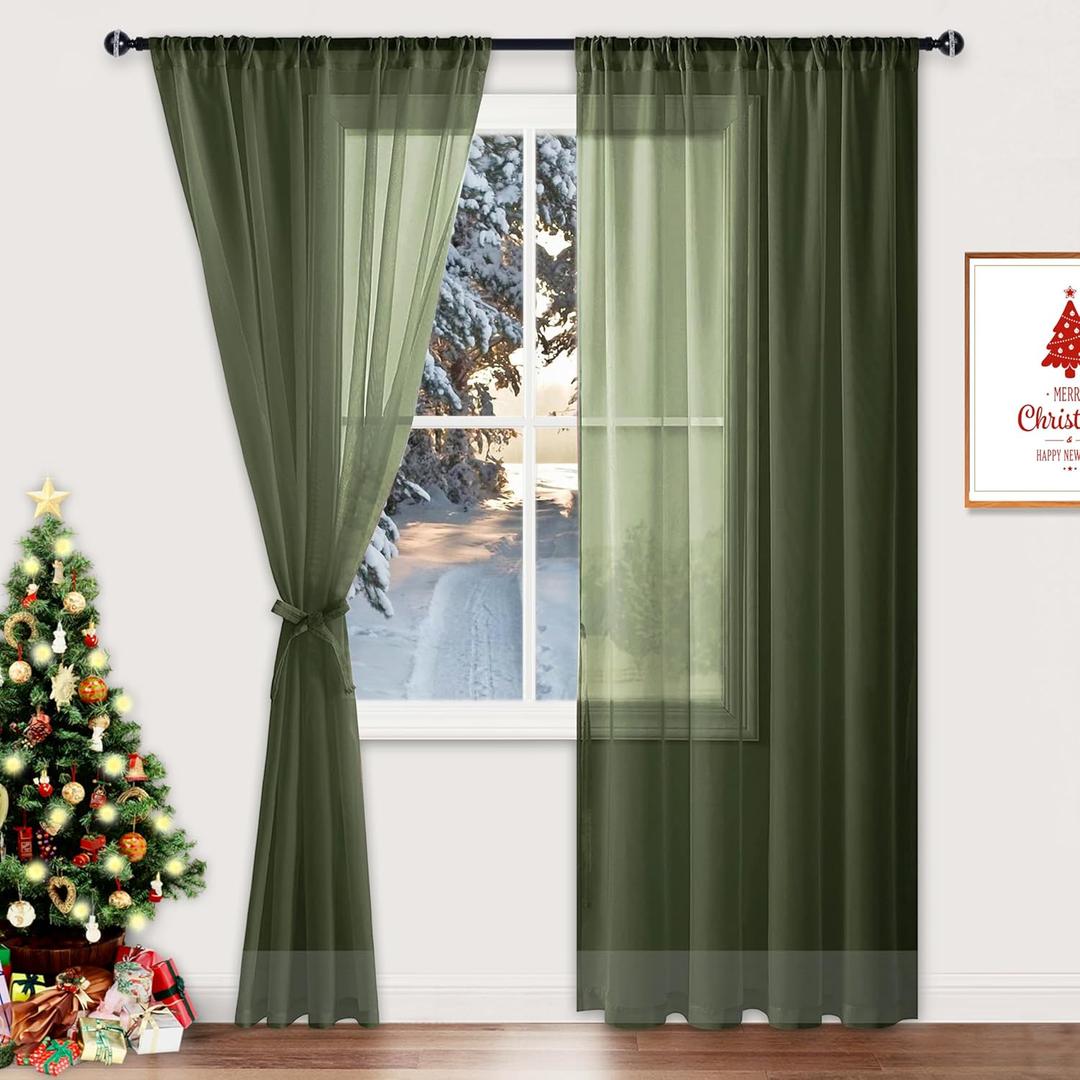 Hiasan Christmas Olive Green Sheer Curtains 84 Inches Long with Tiebacks, Light Filtering Voile Drapes Rod Pocket Window Curtains for Bedroom, Living Room, W52 x L84, Set of 2 Lightweight Panels