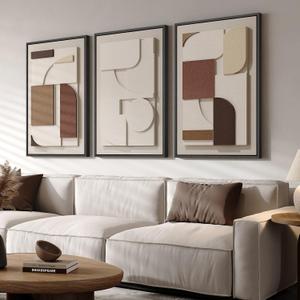 Large Framed 3D Textured Neutral Abstract Wall Art for Living Room, 3 Piece Modern Paintings Artwork for Walls, Minimalist Geometric Pictures for Hallway Office Dining Bedroom Wall Decor 24x36 In, 24"W x 36"H x 3Pcs