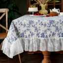 Cotton Linen Tablecloth Vintage Blue Floral Farmhouse White Lace Washable Table Cloths French Country Decor for Home Party Picnic (Blue, 60 x 120 Inches)