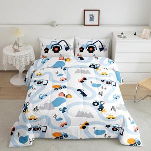 Erosebridal Boys Full Size Comforter Set for Kids Cartoon Car Bedding Set, Cute Excavator Tractor Pattern Bedding Comforter Sets, Kawaii Construction Vehicles Down Comforter with 2 Pillowcases (Blue White)