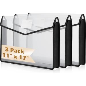 3 Pcs 11 x 17 Inch Expandable Tabloid Size Document Folder with Label A3 Plastic Folders for Documents Expanding File Wallet Envelope Size (3, Black)
