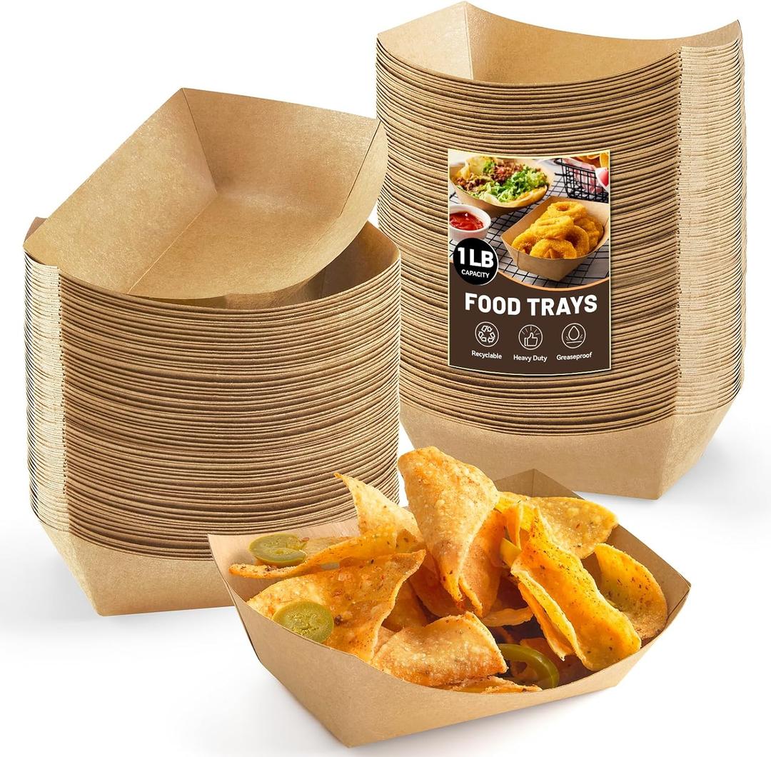 ZORRITA 1 Lb Small Paper Food Trays - 250 Pack Disposable Food Boats, Kraft Food Holders Brown Take Out Serving Baskets for Party Nachos Snacks Tacos Fries