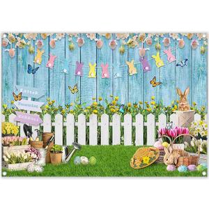 Fabric 7x5ft Spring Easter Photography Backdrop Blue Wooden Wall Colorful Eggs Rabbit Grass Bunny Floral Background Kids Party Decoration Photo Banner Booth