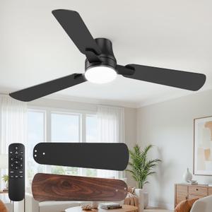 Ceiling Fans with Lights and Remote: 42 Inch Modern Ceiling Fan, Low Profile Flush Mount, Quiet Reversible DC Motor & 3CCT Dimmable LED for Bedroom Living Room Kitchen Indoor Outdoor (Black)