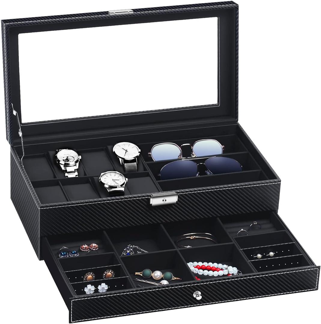 TomCare Watch Box Watch Case Watch Holder Organizer Jewelry Case Drawer Sunglasses Display Box Storage Earrings Storage Organizer Lockable with Glass Top and PU Leather for Men Women (All Black)