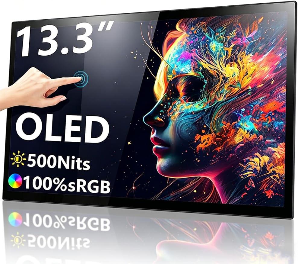 13.3 OLED Portable Monitor Touchscreen, 1080P HDR Travel Screen, 500 Nits, Ultra-Slim External Second Monitor for Laptop Mac PC & Android Phone/Tablet (No Touch for iPhone/iPad/Consoles), with Case