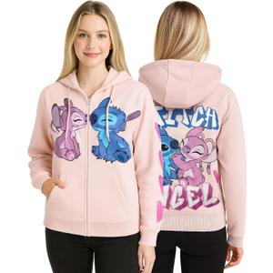 Disney Womens Zip Up Hoodies - Cars Lightning McQueen Lilo and Stitch Angel Fleece Graphic Sweatshirts for Women XL