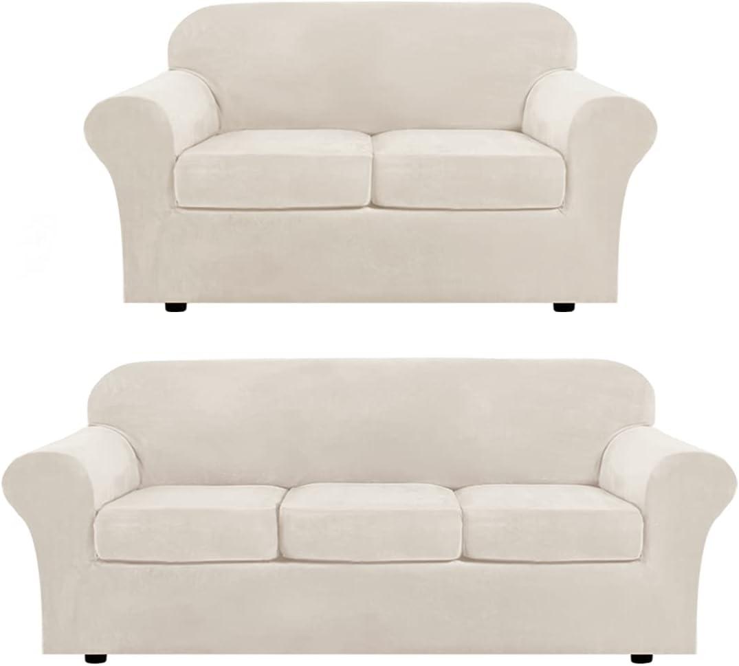 H.VERSAILTEX 4 Pieces Velvet Plush Sofa Slipcover Bundle 3 Pieces Velvet Plush Loveseat Cover, Ivory