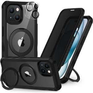 CENHUFO for iPhone 15 Case, Privacy Phone Case [Compatible with Magsafe] Built-in Tempered Glass Privacy Screen Protector and Magnetic Ring Stand, Full Body Shockproof Clear Camera Lens Cover -Black