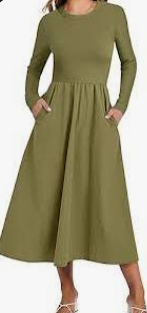 ANRABESS Long Sleeve Midi Dresses for Women 2025 Fall Fashion Casual Rib Knit Patchwork Tight Top Modest Flowy Dress Pocket Olive Green Medium