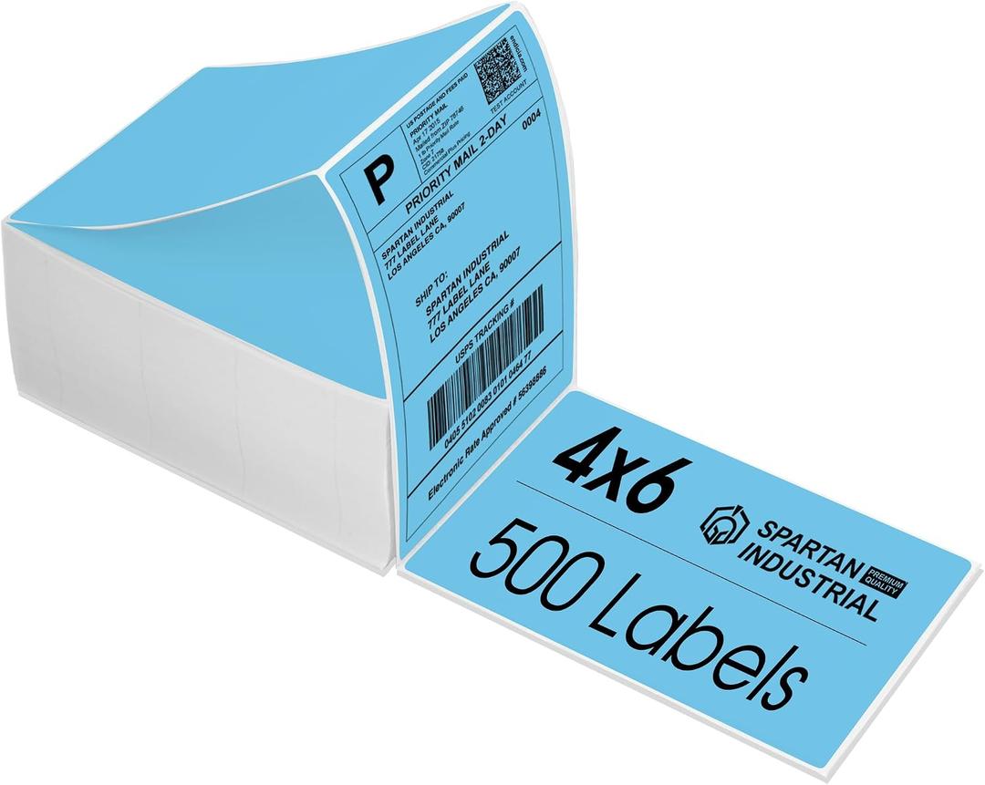 Spartan Industrial - 4" X 6" Blue Direct Thermal Fanfold Labels (500 Count, 1 Stack) - Printable Postage Shipping Labels, Package Identification - Compatible with Zebra and Rollo Printers