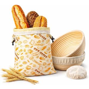 Banneton Bread Proofing Basket 9 Inch Round with Linen Liner & 16x13 XL Reusable Beeswax Bread Bag Sourdough Proofing Basket, Banneton Basket, Large Bread Storage Bag