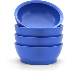 Large Non-Spill Plastic Bowl Set - 28oz Reusable Kitchen Bowls with Concave Inner Lip and Non-Slip Base - For Cereal, Soups, Mixing and Serving - Set of 4 - Ocean Blue