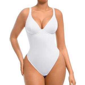 FeelinGirl Bodysuits for Women Tummy Control Thong Shapewear Body Suit Sexy Deep V Neck Corset Tops for Women L