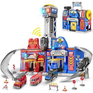 Kids Toys for 3 4 5 6 Years Old Boys, 29.5'' Large City Action Toddler Playset with Lights Sounds, Police & Fire Station Transform Track Toy with 4 Cars, Helicopter, Walkie-Talkie, Gifts for Boy Girl