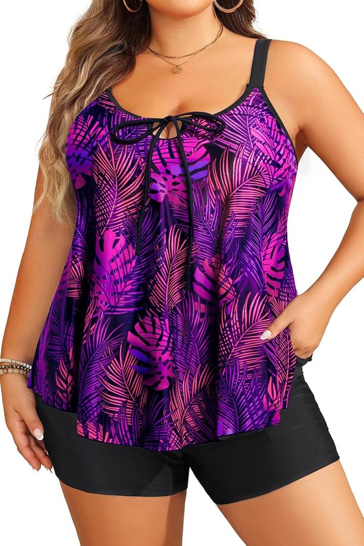 Daci Women Plus Size Tankini Swimsuit - 2 Piece Flowy Plus Size Bathing Suits and Shorts with Pockets 2025, Purple Leaf,  18 Plus