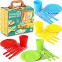 Kids Picnic Basket Toy Dishes, 25 Piece Plastic Tea Party Set - Colored Pretend Play Dishes Playset, Toddlers Kitchen Toys for Boys and Girls, Ages 3+