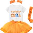 K-Acc Birthday Girl Outfit - T-Shirt, Blue Ears, Tutu Dress, Satin Sash – Gifts for Girls Birthday Party (Yellow, 2 Years)