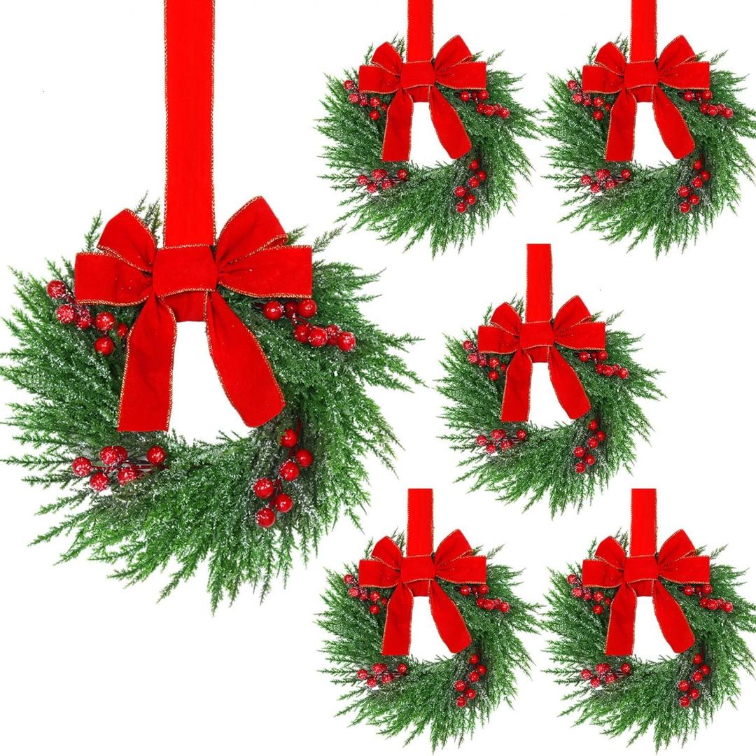 YoleShy 6 Pcs Small Christmas Wreath 12'' Mini Wreaths for Kitchen Cabinet Wreaths with Berry & Red Velvet Bow Ribbon Window Wreath Christmas Xmas Farmhouse Decoration for Front Door Chair Wall