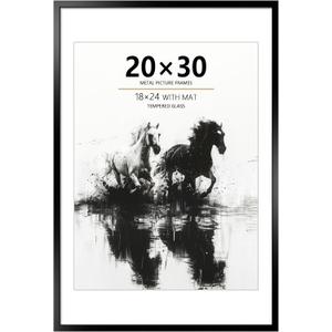 20x30 Metal Poster Frame - 20 x 30 Aluminum Picture Frame with Mat for 18x24 Photo, Tempered Glass Cover, Black Wall Hanging Photo Frame for Home Dcor