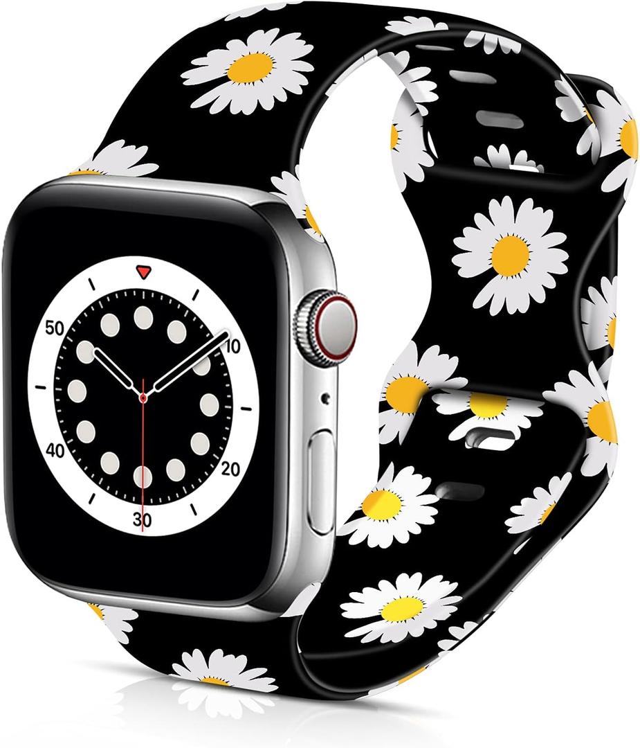 Soft Silicone Pattern Printed Bands Compatible with Apple Watch Band 38mm 40mm and 41 mm Men Women Sport Replacement Wrist Strap for iWatch Series 6 5 4 3 2 1 SE (Little White Daisy)