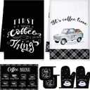 Bencailor 6 Pcs Kitchen Towels and Pot Holder Sets, Oven Mitts and Dish Cloths Microfiber Tea Towels Dish Cloths Kitchen Accessories for Coffee Tea Pot Christmas (Coffee Style,Black, White)
