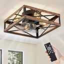 LEDIARY Caged Low Profile Ceiling Fans with Lights and Remote, Rustic Square Flush Mount Ceiling Fan, 6 Speed and Reversible, Small Farmhouse Bladeless Ceiling Fan for Bedroom, Kitchen, Dining Room, 16 Inch