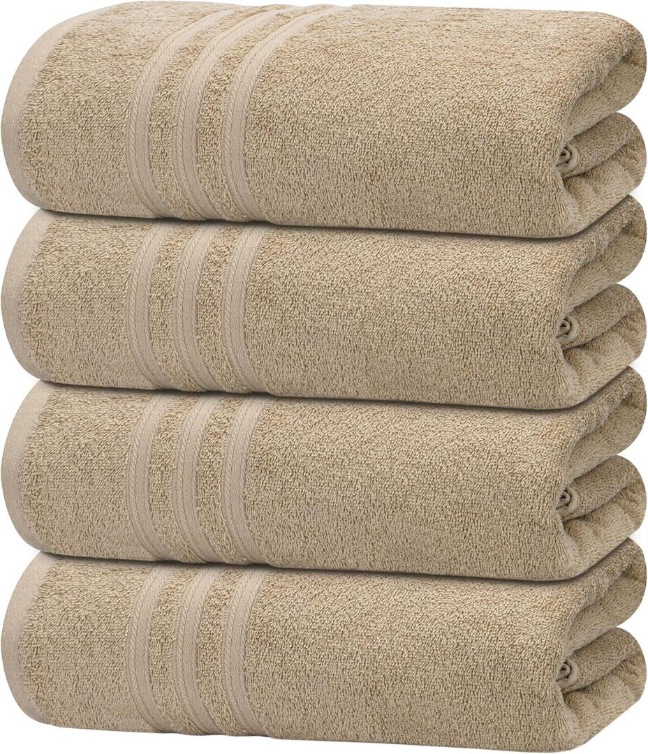 Tens Towels Pack of 4 Soft Bath Towels, 100% Cotton, 27 x 54 Inches, Lightweight & Quick-Dry, Ideal for Daily Bathroom Use, Practical & Comfortable, Beige