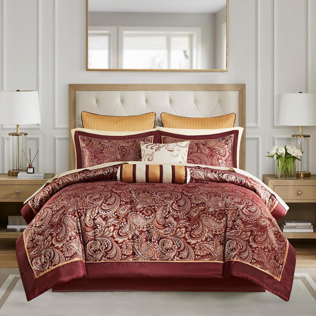 Madison Park Aubrey Cozy Comforter Set, Faux Silk Jacquard Paisley Design - All Season Down Alternative Bedding with Cotton Bed Sheets, Bed Skirt & Toss Pillows, California King Red 12 Piece