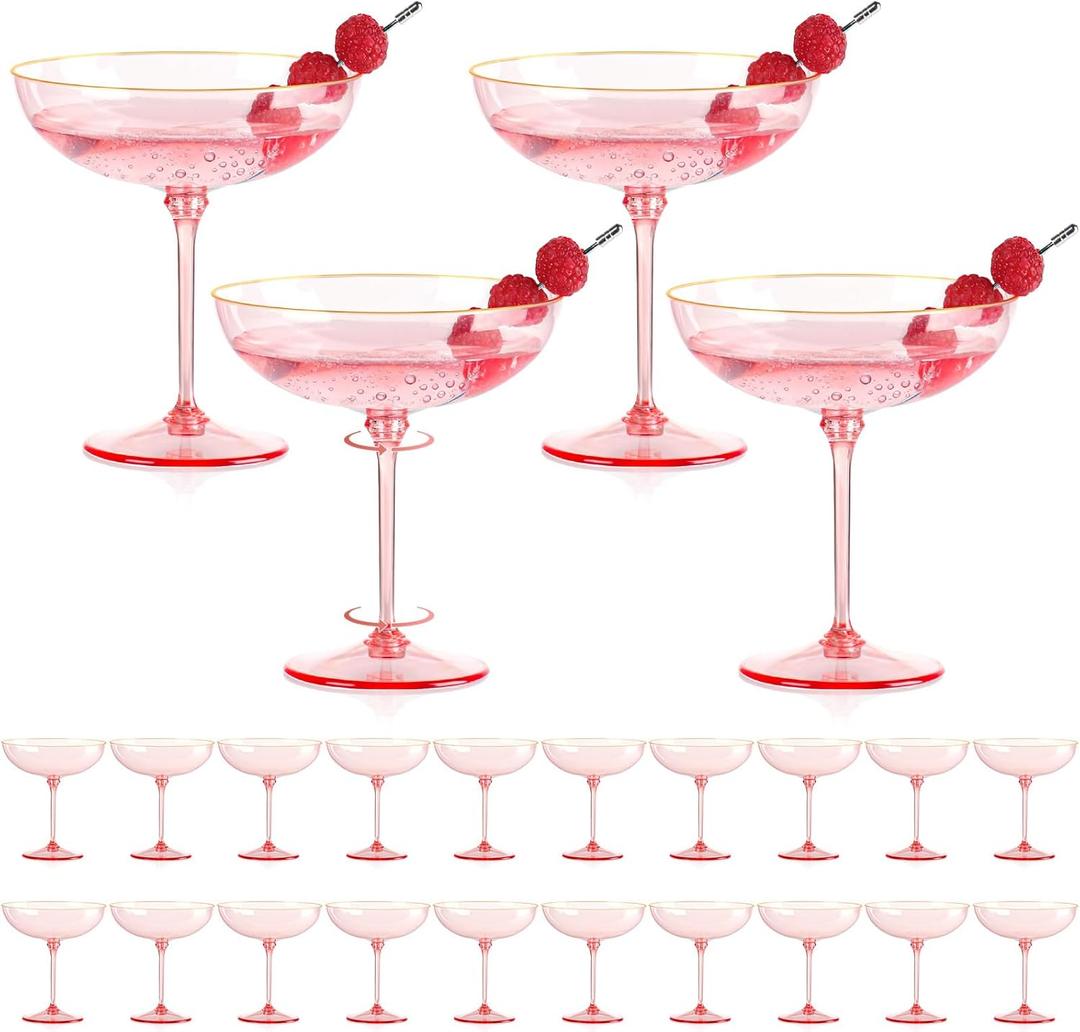 24 PCS Plastic Coupe Glasses 9 oz Pink Detachable Gold Rim Martini Glass Espresso Champagne Cocktail Cups Disposable Vintage Margarita Glassware for Birthday Baby Shower Wedding Bachelorette Party
