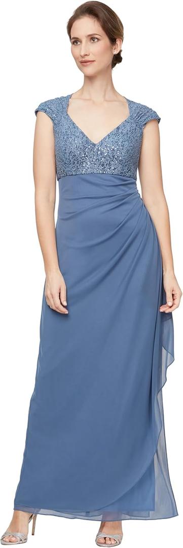 Alex Evenings Women's Long Stretch Sequin Bodice Mother of The Bride Dress with Empire Waist (Petite and Regular Sizes) (Wedgewood Corded Lace)