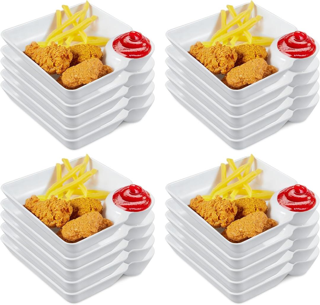 Maxcheck 20 Pcs Chip and Dip Serving Platter Set Divided Dumpling Plate with Sauce Holder Plastic Small Chips Salsa Serving Dish Reusable White Chip and Dip Tray for Snack Appetizer Sushi Party