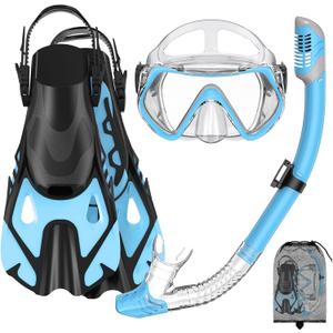 Snorkeling Gear Set for Adults  Dry Top Snorkel Set, Panoramic Anti-Fog Mask, Adjustable Swim Fins  Travel Diving Kit with Storage Bag (Large-X-Large, Blue)